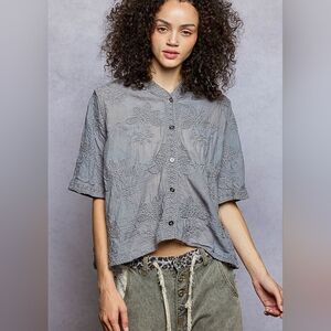 POL Button Front Floral Stitching Breathable Hooded Gray Embroidered Women's Top